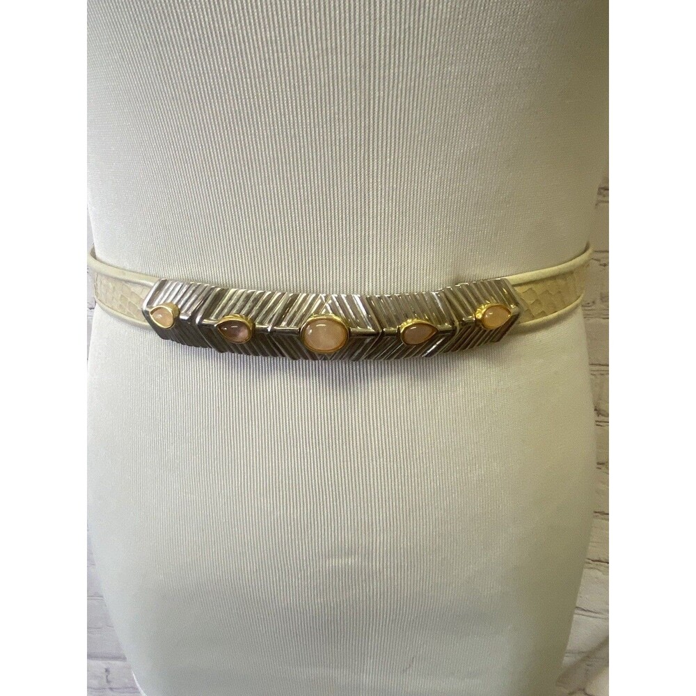 Judith Lieber Snakeskin Off White Pink Stones Silver Tone Belt Adjustable Size